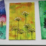 Pracovní výchova - obrázky tvořené temperami, šablonami a flitry